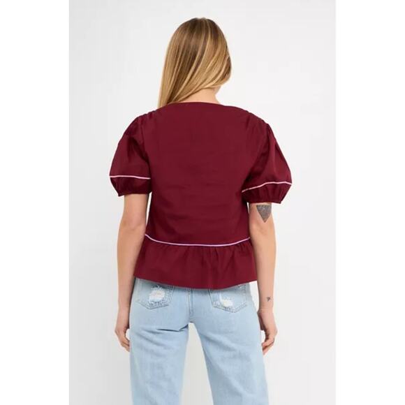 English Factory women’s Piping Detail Top Short Puff Sleeve size XS Burgundy - Picture 2 of 8